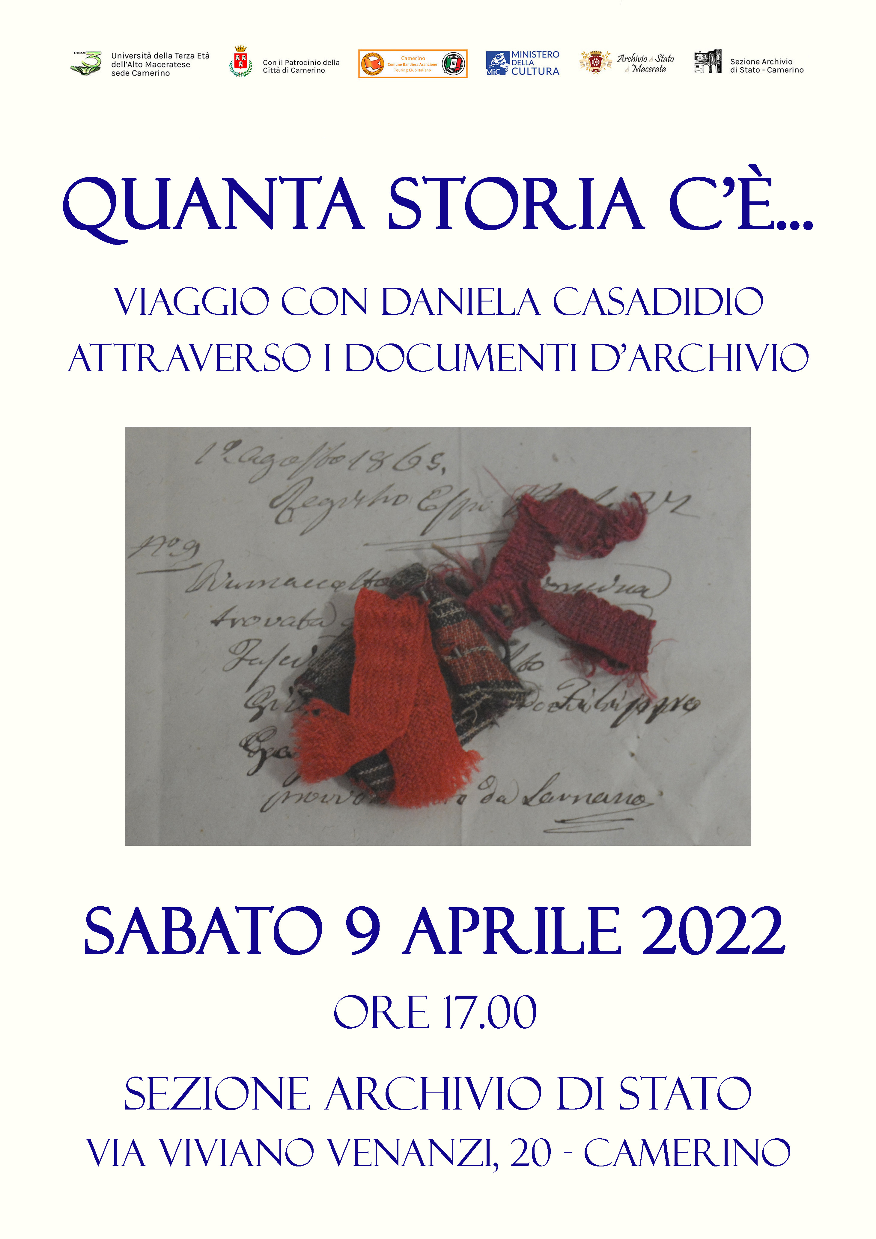 “Quanta storia c’è… Viaggio con Daniela Casadidio attraverso i documenti d’archivio” – Sezione di Archivio di Stato di Camerino, sabato 9 aprile 2022, ore 17
